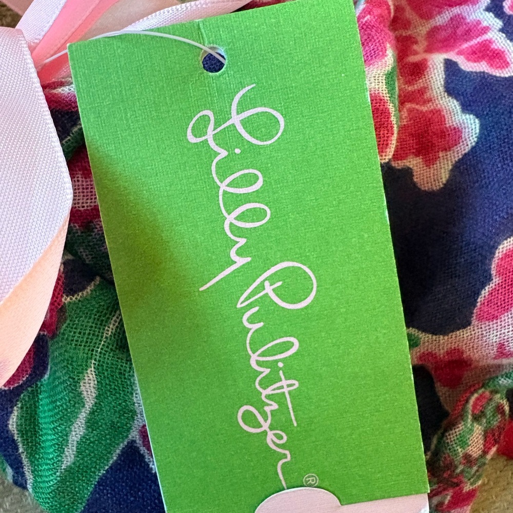 Lilly Pulitzer Pink and Navy Floral Scarf with Green Tag - Picture 2 of 3